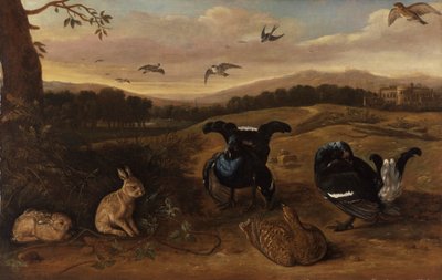 Caza negra, conejos y golondrinas en un parque de Leonard Knyff