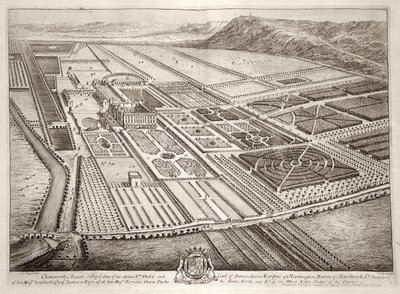 Casa Chatsworth, sede de William Cavendish (1640-1707) 1er Duque de Devonshire, grabado por Johannes Kip de Leonard Knyff