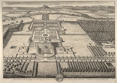 Eaton Hall en el río Dee, cerca de la ciudad de Chester en Cheshire, sede del Honorable Sir Thomas Grosvenor (grabado) de Leonard Knyff