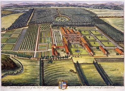 Hutton Hall en el condado de Cumberland grabado por Johannes Kip de Leonard Knyff