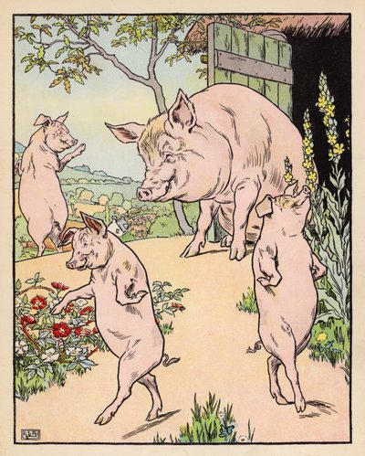 Ilustración de Los tres cerditos (litografía en color) de Leonard Leslie Brooke