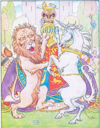 El león y el unicornio luchaban por la corona (litografía en color) de Leonard Leslie Brooke