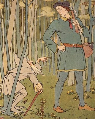 Nos encontramos con un hombrecito. Ilustración de El ganso de oro de Leonard Leslie Brooke