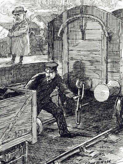 Una viñeta que comenta los accidentes de los ferroviarios. Ilustrado por Leonard Raven-Hill (1867-1942), artista, ilustrador y caricaturista inglés del siglo XX. de Leonard Raven Hill