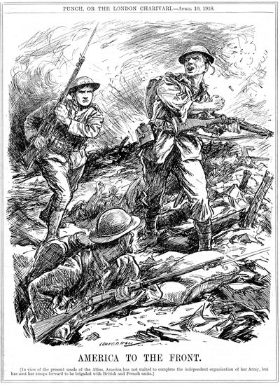 Refuerzos estadounidenses para ayudar a las tropas aliadas antes de la llegada del ejército principal de EE. UU., Primera Guerra Mundial, 1918 de Leonard Raven Hill