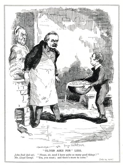 John Bull se queja a Lloyd George de que hay demasiada reforma en su legislación social y reformas de política de tierras, 1912 de Leonard Raven Hill