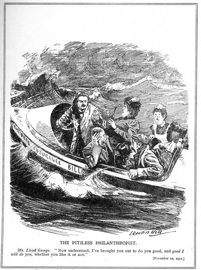 Lloyd George, representado como un marinero de bote salvavidas, enfrenta oposición a su Ley de Seguro Nacional, 1911 de Leonard Raven Hill