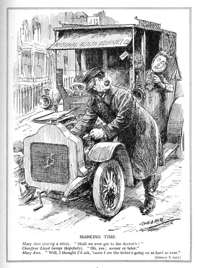 Lloyd George se retrasa llevando a un paciente al médico bajo su Ley de Seguro Nacional de Salud, 1913 de Leonard Raven Hill