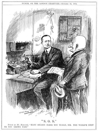 Mr Punch agradeciendo a Marconi por la telegrafía inalámbrica que estaba salvando vidas en el mar, 1913 de Leonard Raven Hill