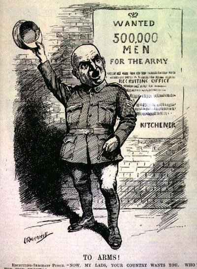 ¡A las armas! Sargento de reclutamiento Punch; "Ahora, muchachos, su país los necesita. ¿Quién va al frente?" de la revista 