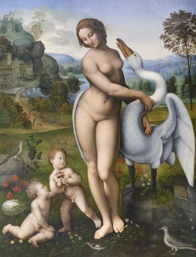 Leda y el cisne, copia de Leonardo da Vinci (temple sobre tabla) de Leonardo da (after) Vinci