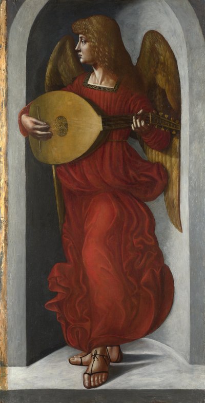 ""Un ángel rojo tocando el laúd"" Pintura del séquito de Leonardo da Vinci (Leonarda da Vinci) (1452-1519) alrededor de 1490-1499 Galería Nacional de Londres de Leonardo da (circle of) Vinci