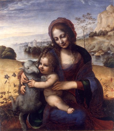 Madonna y Niño con un cordero de Leonardo da (manner of) Vinci
