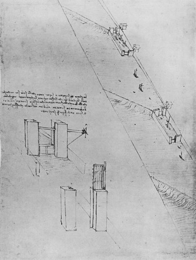 Un canal con esclusas y vertederos, c. 1480, 1945 de Leonardo da Vinci