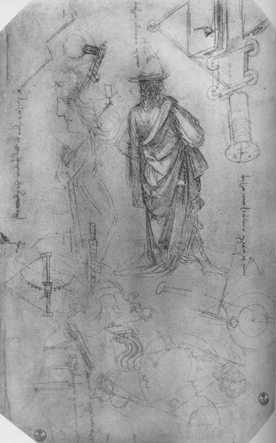 Figura drapeada, estudios de maquinaria, etc., c. 1480 1945 de Leonardo da Vinci