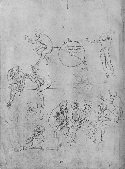 Un grupo de figuras conversando en una mesa, dos figuras en conversación y otras, 1481-1483 de Leonardo da Vinci