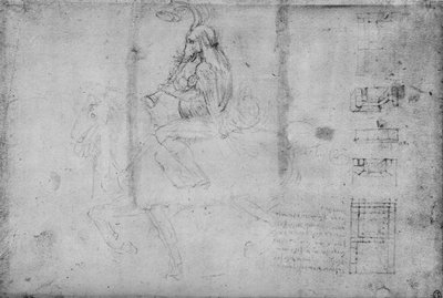 Un hombre con cabeza de elefante montando a caballo y bocetos arquitectónicos, c. 1480 de Leonardo da Vinci