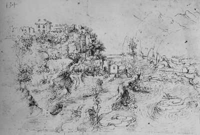 Un río con un canal al lado y un castillo en una colina, c1480 de Leonardo da Vinci