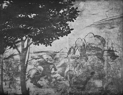 Adoración de los Magos - Batalla de jinetes en la distancia a la derecha, c1481 1945 de Leonardo da Vinci