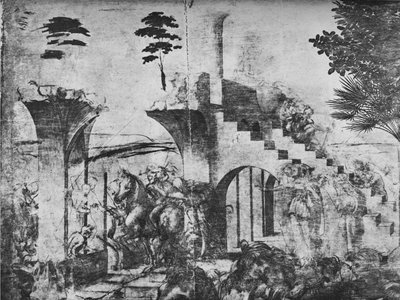 Adoración de los Magos - Jinetes en la distancia media a la izquierda, c1481 de Leonardo da Vinci