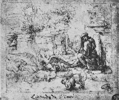 Alegoría: Animales luchando y un hombre con una lupa, c. 1480-1945 de Leonardo da Vinci