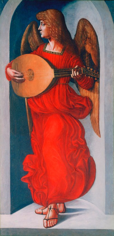 Un ángel en rojo con un laúd, 1490-1499 de Leonardo da Vinci