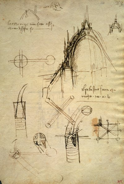 Detalles arquitectónicos y sección de la cúpula del Duomo de Milán, f41 del Código Trivulzianus de Leonardo da Vinci