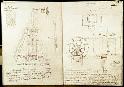 Arquitectura y arte militar: página izquierda: escalera de caracol alrededor de una torre. Perforación de una viga. Página derecha: plano de entrada de una ciudad fortificada. Plano y elevación de una torre circular fortificada en el mar. Manuscrito de Leo de Leonardo da Vinci