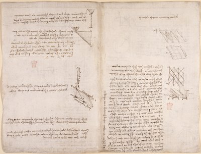 Arundel 263, f.120v, f.121 Notas y diagramas sobre mecánica, sobre la velocidad de los líquidos, c.1503-6 (pluma y tinta sobre papel) de Leonardo da Vinci