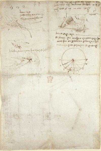 Arundel 263, f.126v Tres notas y bocetos sobre el agua; un diagrama sobre el vuelo de los pájaros, c.1500-5 (pluma y tinta sobre papel) de Leonardo da Vinci