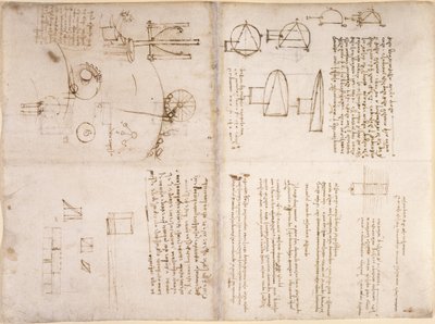 Arundel 263, f.133v, f.130r, Notas, bocetos esquemáticos y diagramas del 