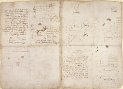 Arundel 263, f.135v, f.134, Apuntes y esquemas de mecánica; notas y bocetos esquemáticos sobre los cursos de los ríos y el flujo de agua, de 
