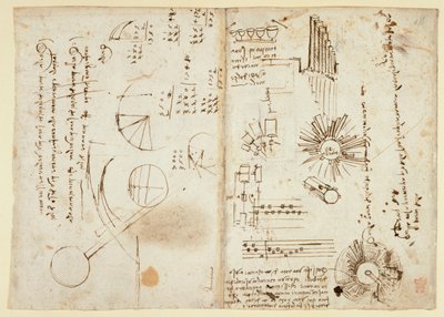 Arundel 263 f.137v, f.136 Notas y diagramas en bruto (de lado); cálculos matemáticos (de lado), de 