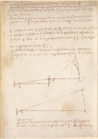 Arundel 263, f.214 Dibujos sobre las potencias y fuerzas mecánicas, percusión, gravedad, movimiento, óptica y astronomía, con diversas proposiciones aritméticas y geométricas (pluma y tinta sobre papel) de Leonardo da Vinci
