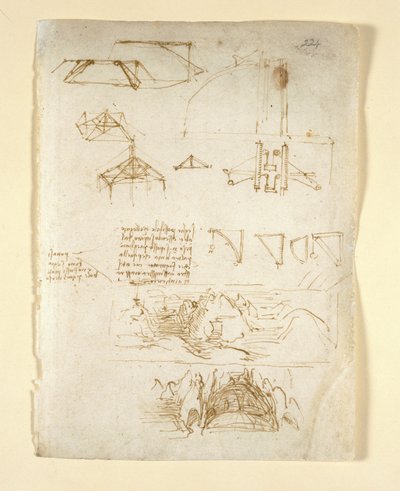Arundel 263, f.224 Notas y diagramas; bocetos de montañas y una cueva, de 
