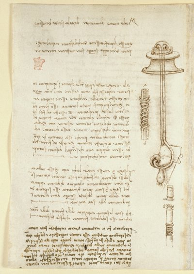 Arundel 263, f.24v Notas y bocetos que ilustran el estudio de Leonardo del aparato de respiración para un buzo (1508), del 