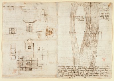 Arundel 263, f.264v Dibujos sobre las potencias y fuerzas mecánicas, la percusión, la gravedad, el movimiento, la óptica y la astronomía, con diversas proposiciones aritméticas y geométricas. de Leonardo da Vinci
