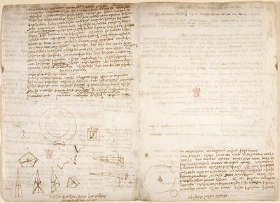 Arundel 263, f.266v, f.267 Notas sobre cosmología (al revés); diagramas que ilustran las observaciones de Leonardo sobre el centro de gravedad, del 