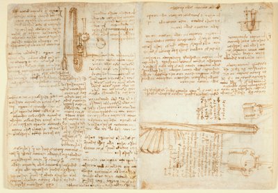 Arundel 263 f.269v, f.264 Notas y boceto sobre un dispositivo hidráulico, de 