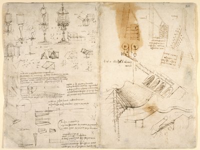Arundel 263, f.283v, f.282 Bocetos de lámparas con bisagras; notas sobre mecánica; calculos matematicos; bocetos geométricos (pluma y tinta sobre papel) de Leonardo da Vinci