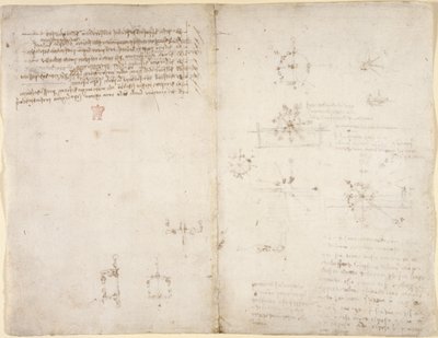 Arundel 263, f.35v, f.34 Dibujos sobre las potencias y fuerzas mecánicas, la percusión, la gravedad, el movimiento, la óptica y la astronomía, con diversas proposiciones aritméticas y geométricas. de Leonardo da Vinci