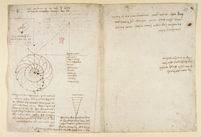 Arundel 263, f.44v, f.59 Bosquejo de un ojo y una nariz de un rostro de perfil; notas sobre el agua, de 