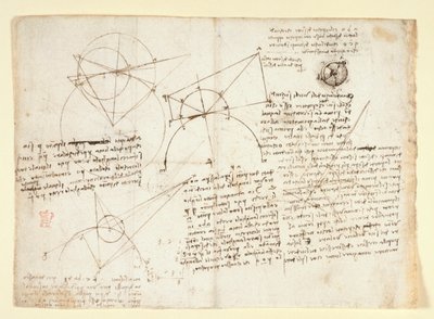 Arundel 263, f.64v El reverso de una sola hoja grande, anteriormente encuadernada a lo largo del borde derecho y doblada en el cuaderno. Notas y diagramas sobre óptica, referentes al problema de Alhazen; boceto esquemático de un globo ocular acompañado de  de Leonardo da Vinci