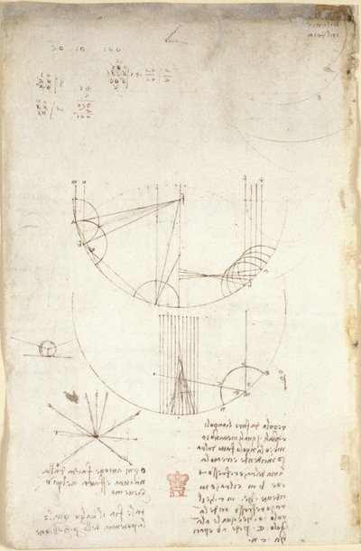 Arundel 263, f.85v Diagramas sobre óptica, referentes a las cáusticas de la reflexión; nota y bosquejo sobre mecánica, referente al poder de la percusión y con referencias al principio aristotélico 