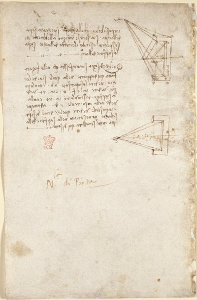 Arundel 263, f.93v Notas y croquis esquemático sobre óptica; nota 