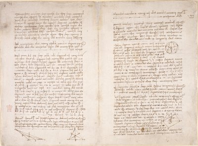 Arundel 263, ff.16v-17, notas y diagramas de Leonardo da Vinci del 