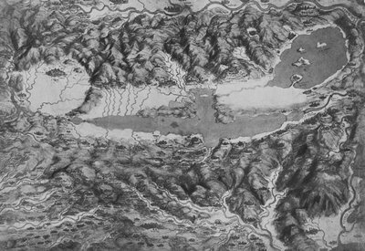 Vista aérea mostrando Arezzo, Borgho San Sepolco, Perugia, Chiusi y Siena de Leonardo da Vinci