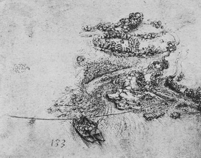 Vista de pájaro de un río con un ferry de cuerda, c. 1480 1945 de Leonardo da Vinci