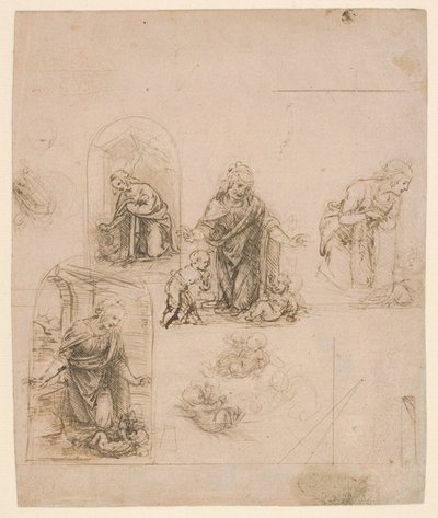 Bocetos Composicionales para la Virgen Adorando al Niño Jesús, 1480-85 de Leonardo da Vinci