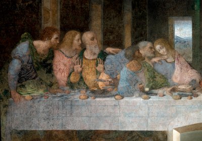 Detalle de La Última Cena representando de izquierda a derecha al apóstol San Bartolomé, Santiago el Menor, Andrés, Judas, Pedro y Juan de Leonardo da Vinci